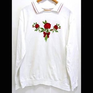 Vintage Haband Cottagecore Granny Floral Embroidered Collared Sweatshirt XL 90s